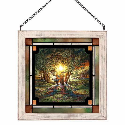 The Essence of Spring Framed Stained Glass Art Look Suncatcher Small Square Hanging Panel