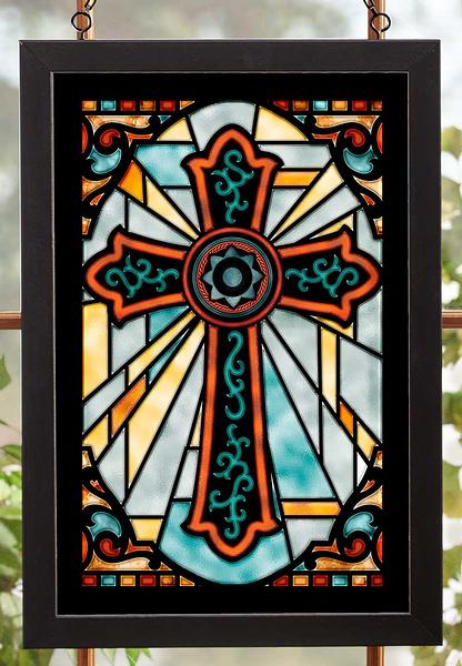 Maltese Concho Cross Framed Stained Glass Art Look Suncatcher Large Hanging Panel