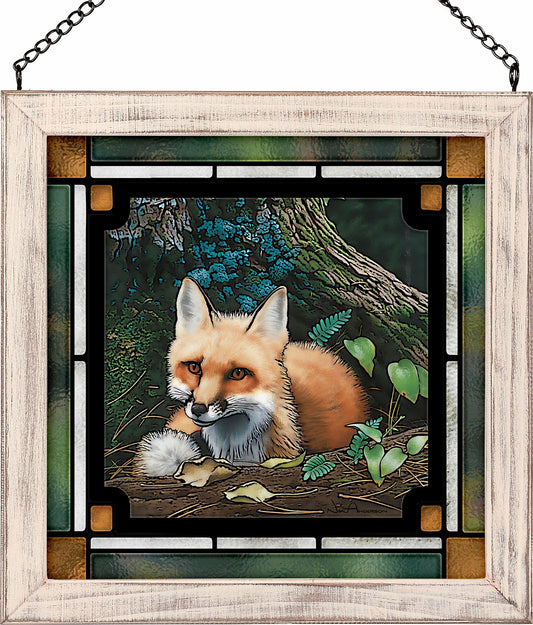 Basking Woodland Fox Framed Stained Glass Art Look Suncatcher Small Square Hanging Panel