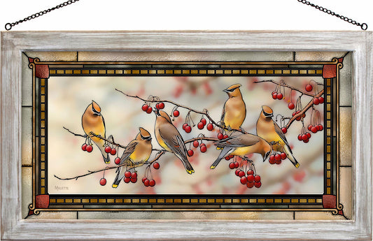 Sweet Songbirds in the Berry Tree Framed Stained Glass Art Look Suncatcher Large Hanging Panel