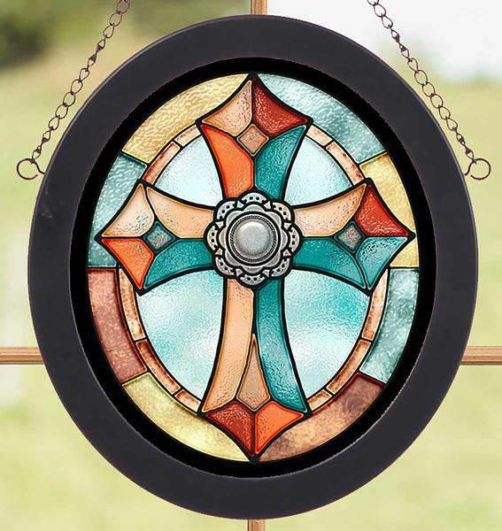 Concho Cross Framed Stained Glass Art Look Suncatcher Oval Hanging Panel