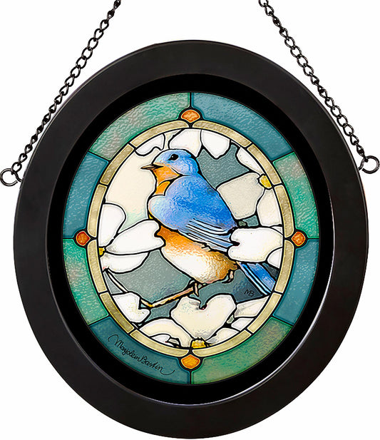 Dogwood & Bluebird  Framed Stained Glass Art Look Suncatcher Oval Hanging Panel