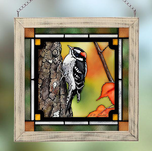 Downy Woodpecker Framed Stained Glass Art Look Suncatcher Small Square Hanging Panel