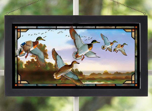 Mallard Ducks take Flight Framed Stained Glass Art Look Suncatcher Large Hanging Panel