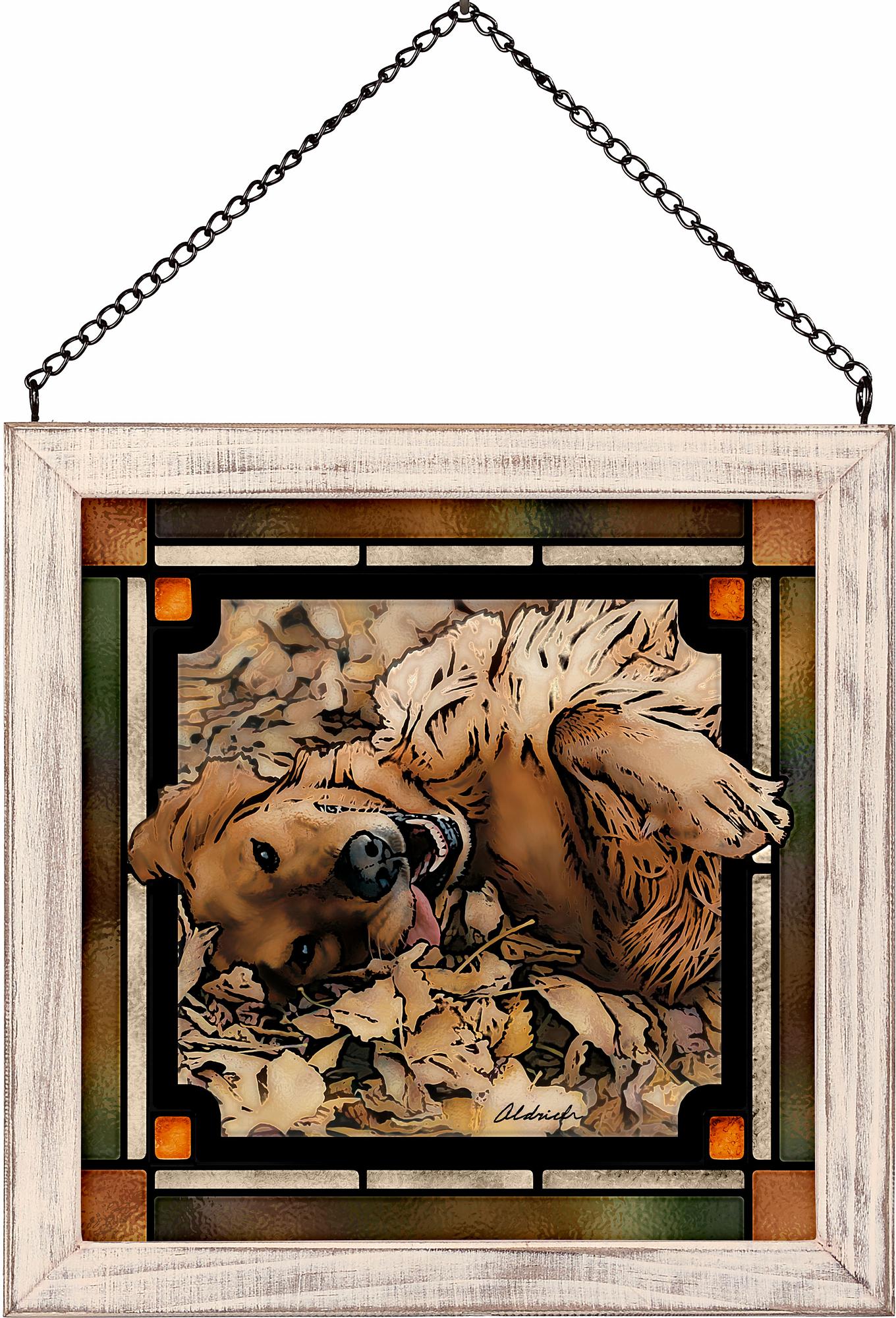 Happy Dog Golden Retriever Framed Stained Glass Art Look Suncatcher Small Square Hanging Panel