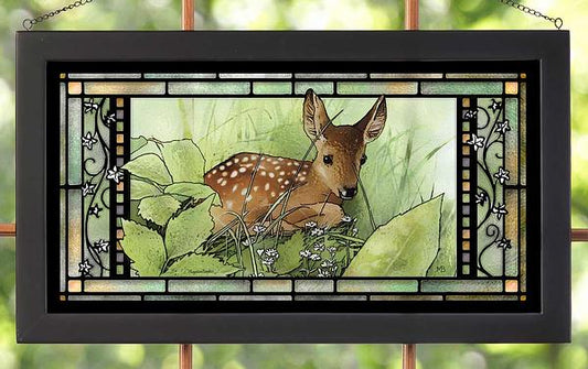 Springtime Whitetail Fawn Framed Stained Glass Art Look Suncatcher Large Hanging Panel