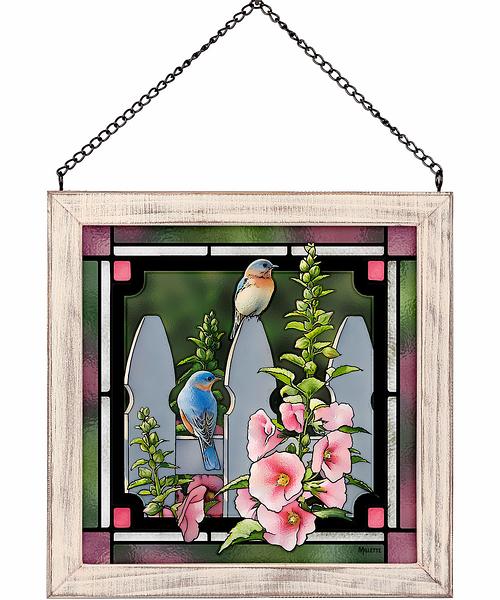 Bluebirds on the Picket Fence Framed Stained Glass Art Look Suncatcher Small Square Hanging Panel