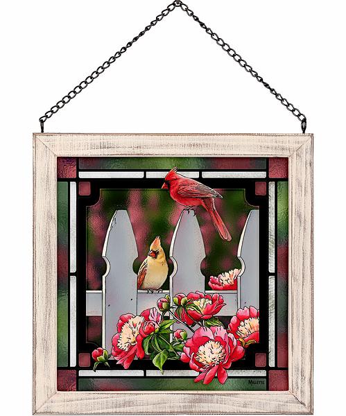 Picket Fence Cardinals Framed Stained Glass Art Look Suncatcher Small Square Hanging Panel