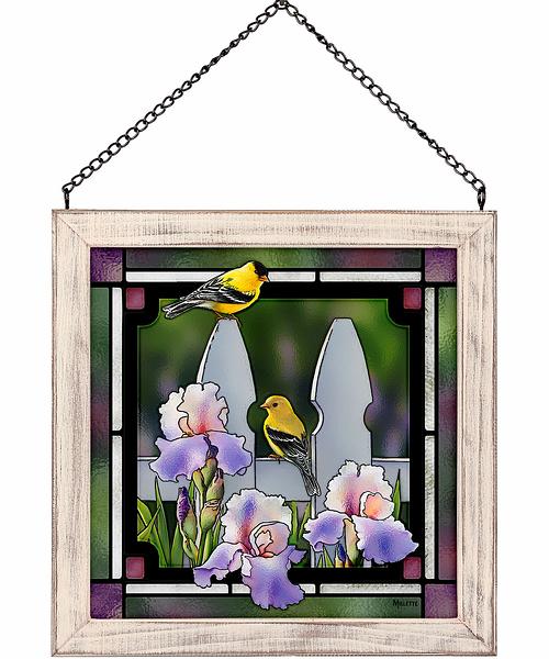 Goldfinches & Iris Flowers Framed Stained Glass Art Look Suncatcher Small Square Hanging Panel