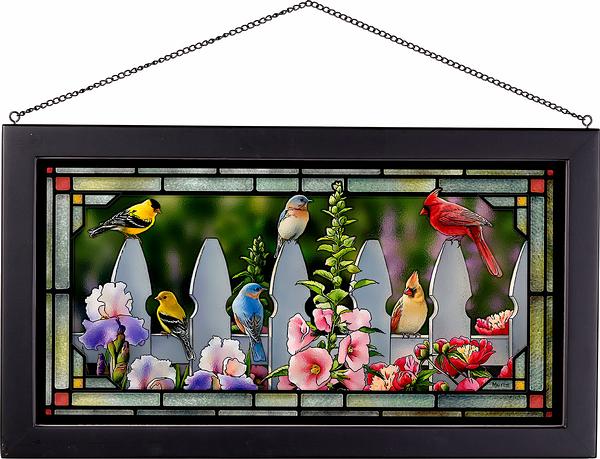 Sweet Summer Songbirds Framed Stained Glass Art Look Suncatcher Large Hanging Panel