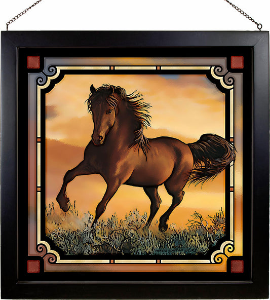 Wild Stallion Horse Framed Stained Glass Art Look Suncatcher Large Hanging Panel