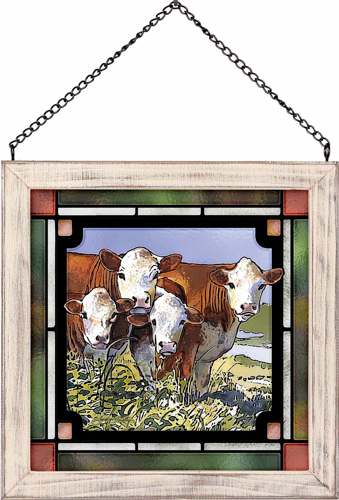 Cow Family Framed Stained Glass Art Look Suncatcher Small Square Hanging Panel