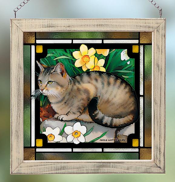 Cat Hides in the Daffodils Framed Stained Glass Art Look Suncatcher Small Square Hanging Panel