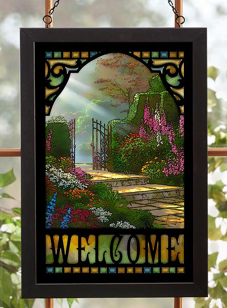 Secret Garden Welcome Sign Framed Stained Glass Art Look Suncatcher Large Hanging Panel