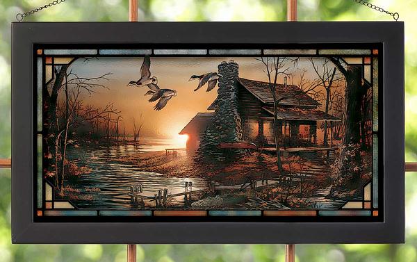 The Golden Hour Framed Stained Glass Art Look Suncatcher Large Hanging Panel