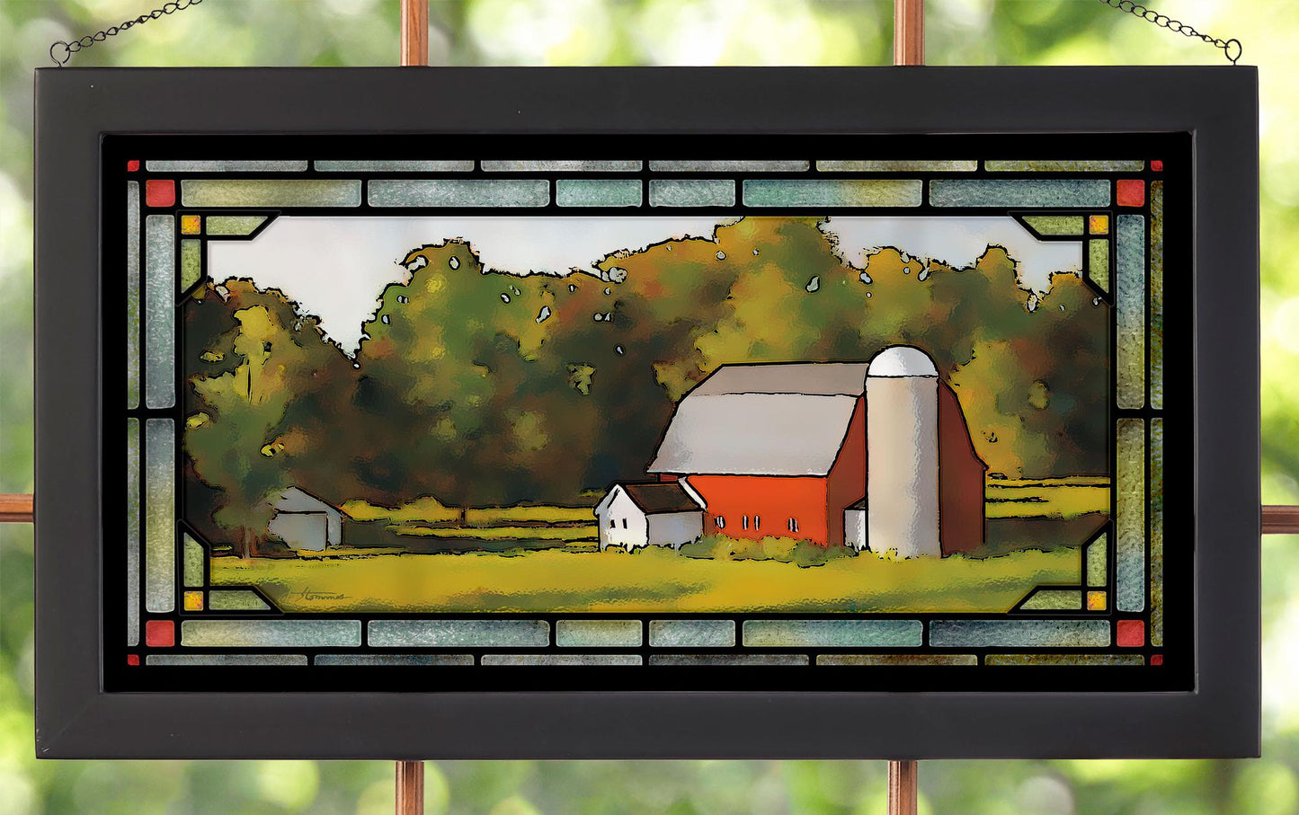 Countryside Barn in the Spring Framed Stained Glass Art Look Suncatcher Large Hanging Panel