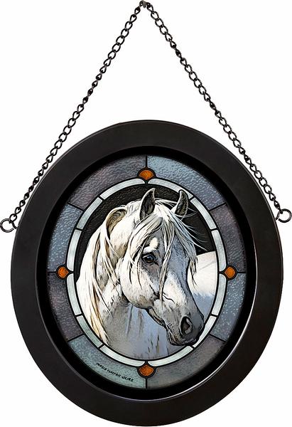 Mystic Horse Framed Stained Glass Art Look Suncatcher Oval Hanging Panel