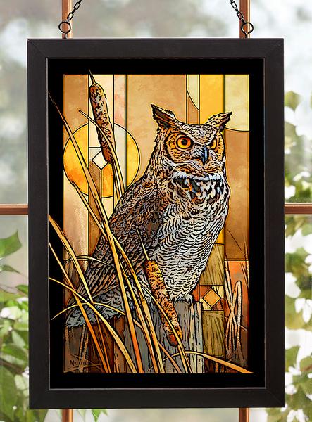 Great Horned Owl Framed Stained Glass Art Look Suncatcher Large Hanging Panel