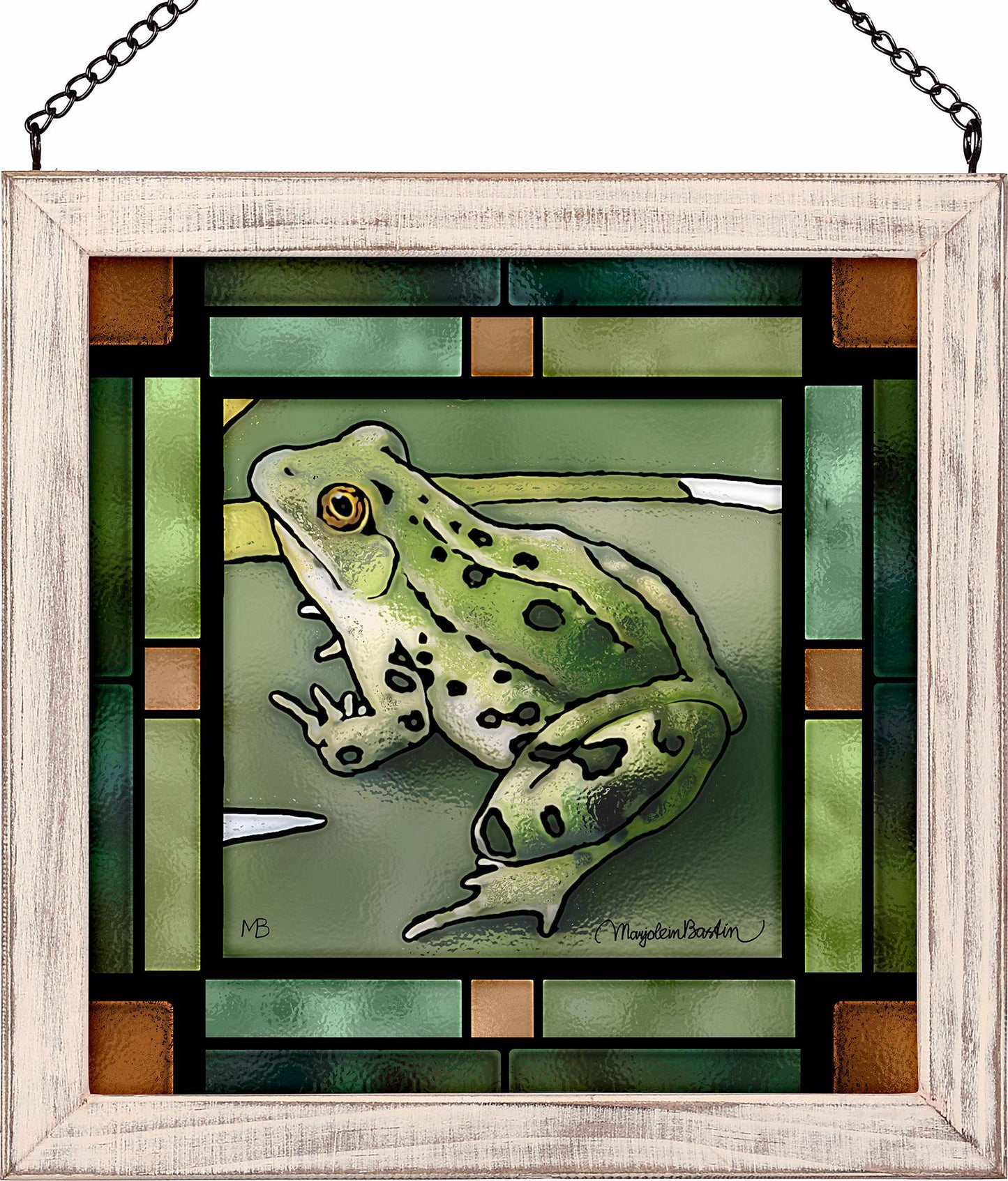 Prince Charming Green Frog Framed Stained Glass Art Look Suncatcher Small Square Hanging Panel