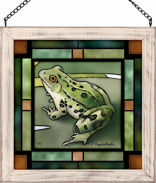 Prince Charming Green Frog Framed Stained Glass Art Look Suncatcher Small Square Hanging Panel