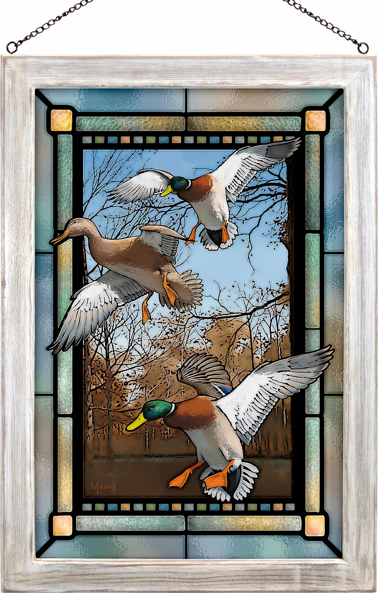 Mallards in Flight Framed Stained Glass Art Look Suncatcher Large Hanging Panel