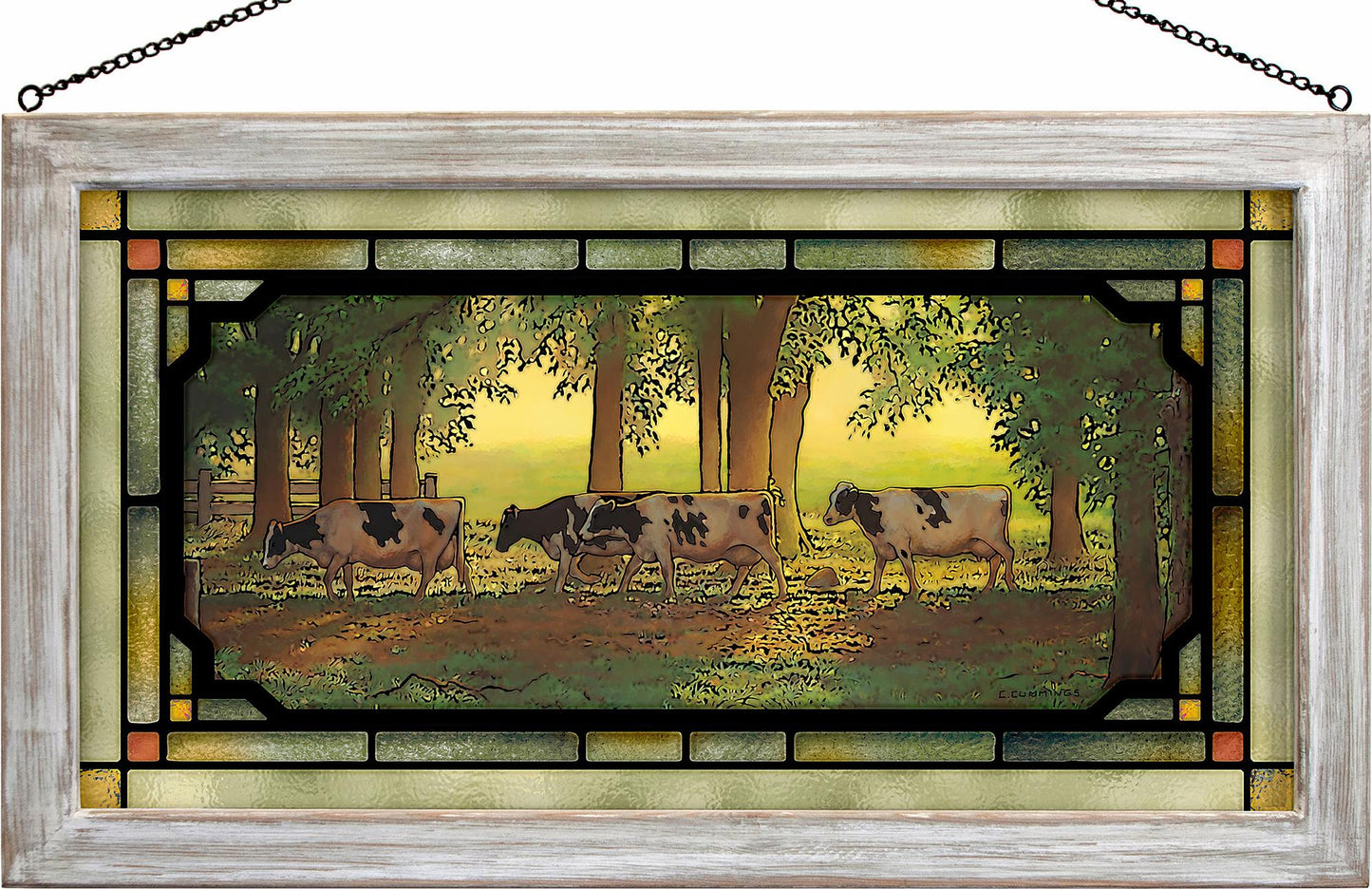 The Cow Heard at Sunset Framed Stained Glass Art Look Suncatcher Large Hanging Panel