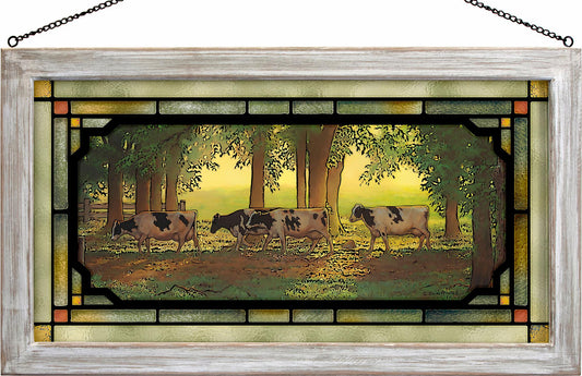 The Cow Heard at Sunset Framed Stained Glass Art Look Suncatcher Large Hanging Panel