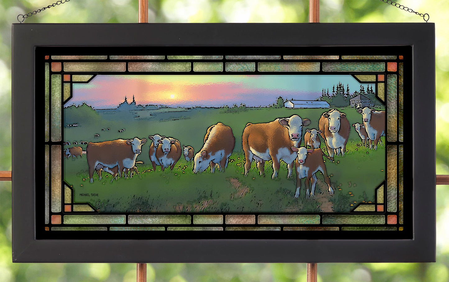 Cows Grazing with Calves Framed Stained Glass Art Look Suncatcher Large Hanging Panel