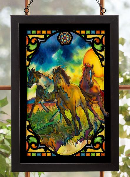 Forever Young Horses Framed Stained Glass Art Look Suncatcher Large Hanging Panel