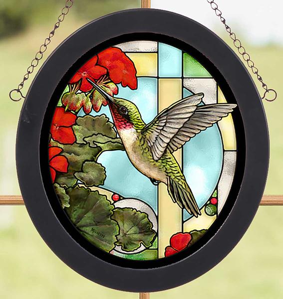 Ruby Throated Hummingbird & Geraniums Framed Stained Glass Art Look Suncatcher Oval Hanging Panel