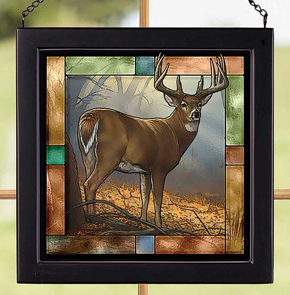 Whitetail Deer in the Mist Framed Stained Glass Art Look Suncatcher Small Square Hanging Panel