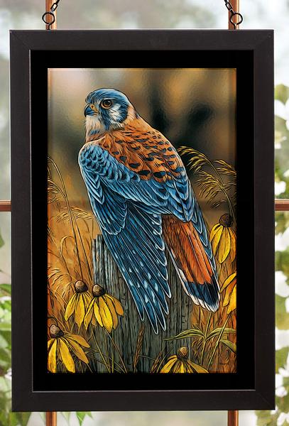 Fencepost Perch Kestrel Bird Framed Stained Glass Art Look Suncatcher Large Hanging Panel