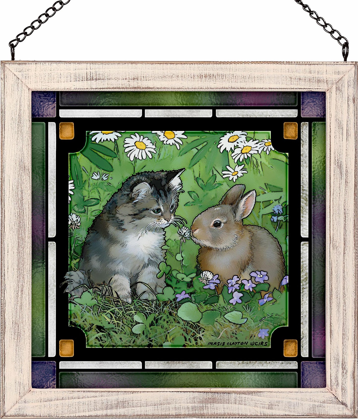 Unlikely Friends Kitten & Bunny Framed Stained Glass Art Look Suncatcher Small Square Hanging Panel