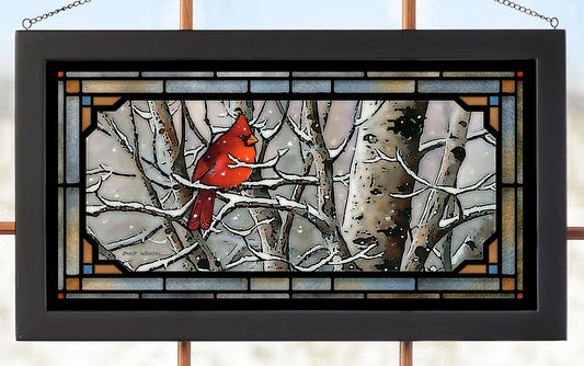 Cardinal in the Winter Forest Framed Stained Glass Art Look Suncatcher Large Hanging Panel