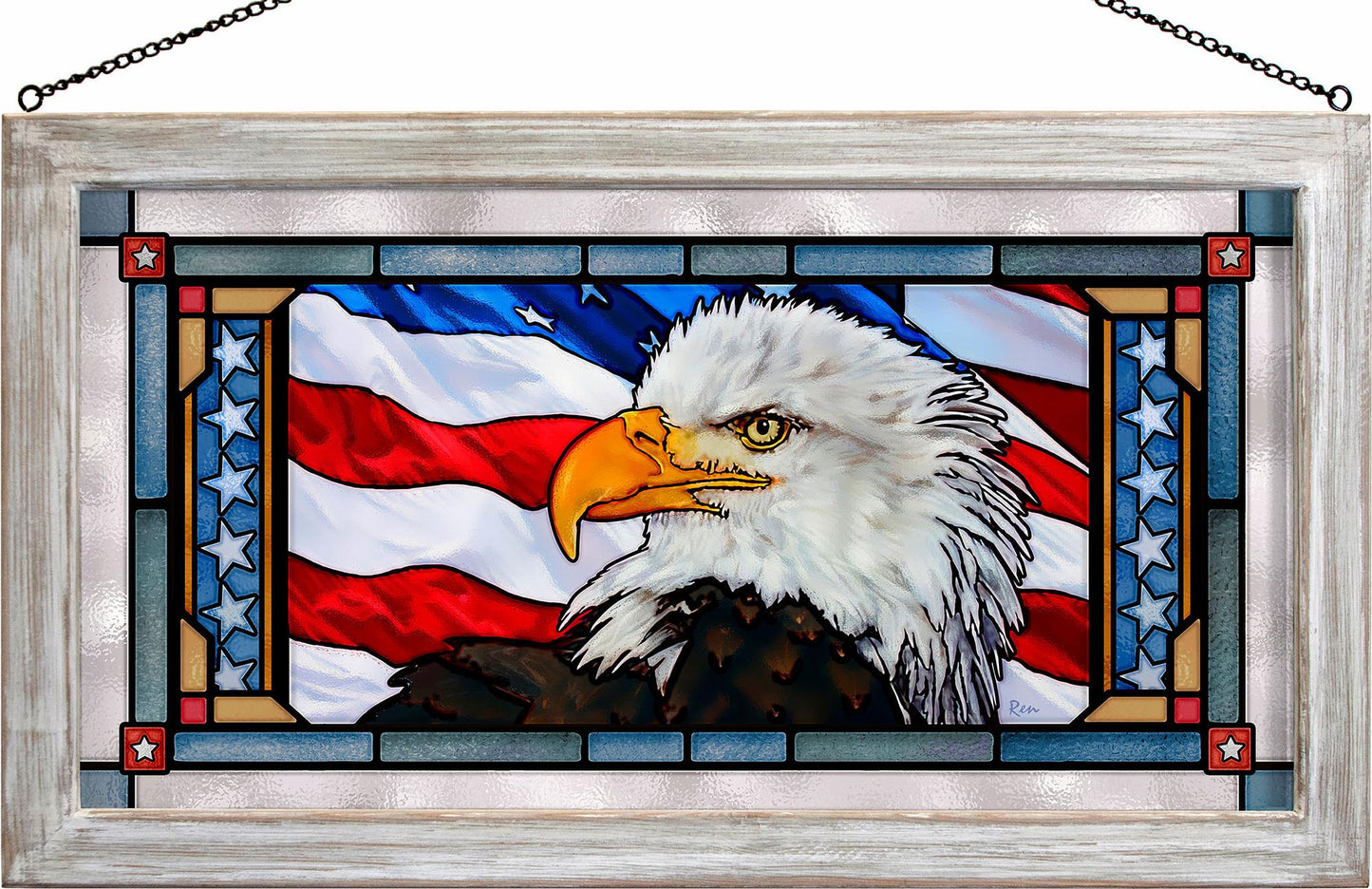 Let Freedom Ring Bald Eagle Framed Stained Glass Art Look Suncatcher Large Hanging Panel