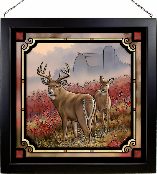 Whitetail Deer in the Mist Framed Stained Glass Art Look Suncatcher Large Hanging Panel