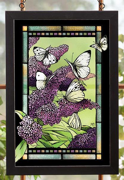 Butterfly Bush Framed Stained Glass Art Look Suncatcher Large Hanging Panel