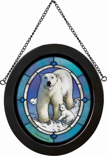 Mama with Cubs Polar Bear Framed Stained Glass Art Look Suncatcher Oval Hanging Panel