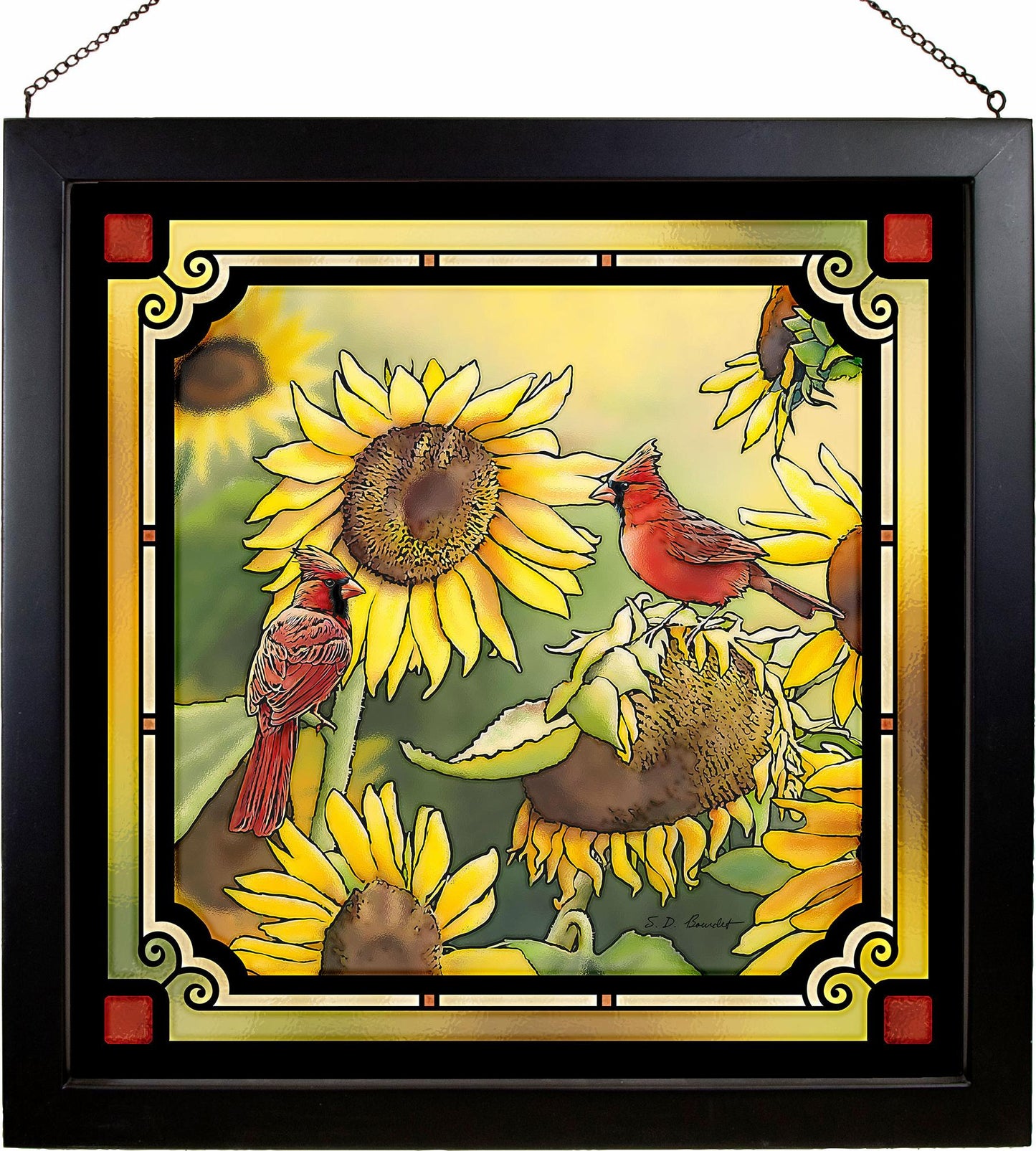 Cardinals & Sunflowers in the Summer Stained Glass Art Look Suncatcher Large Hanging Panel