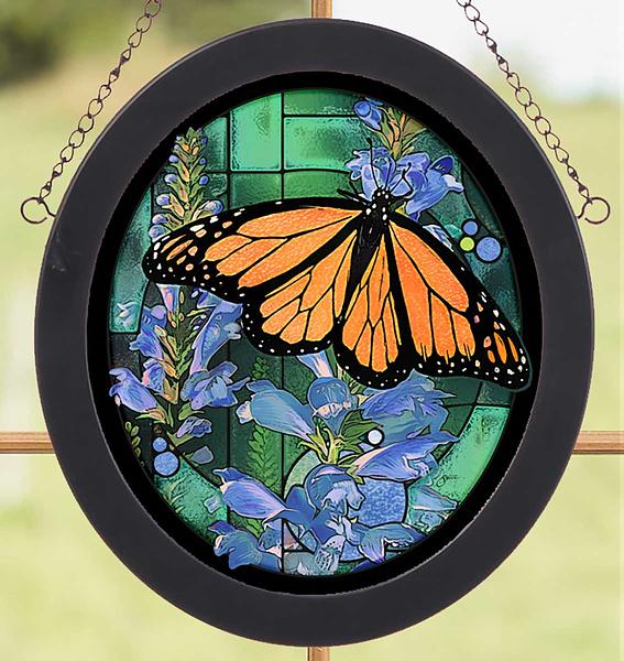 Monarch Butterfly Framed Stained Glass Art Look Suncatcher Oval Hanging Panel