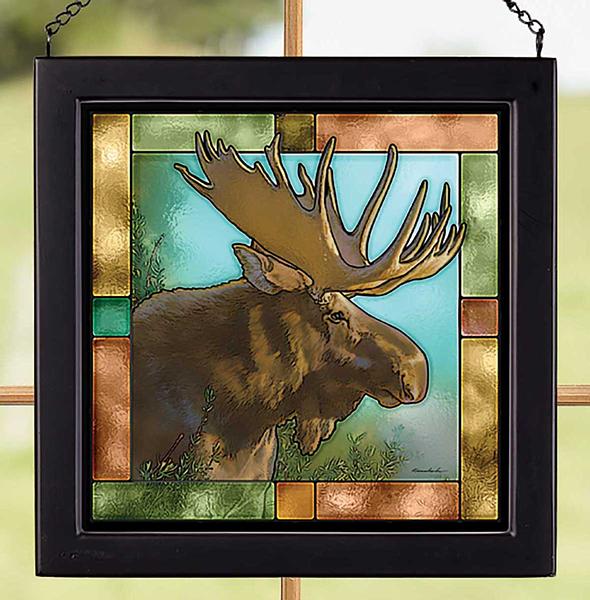 Majestic Moose Framed Stained Glass Art Look Suncatcher Small Square Hanging Panel