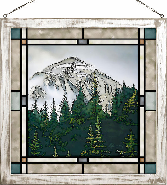 Morning Mist Mountains Scene Framed Stained Glass Art Look Suncatcher Large Hanging Panel