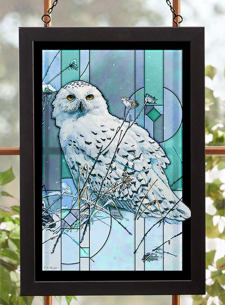 Snowy Owl Stained Glass Art Framed Stained Glass Art Look Suncatcher Large Hanging Panel