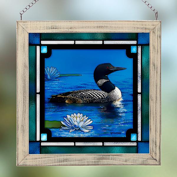 Loon Bird on the Lake Framed Stained Glass Art Look Suncatcher Small Square Hanging Panel