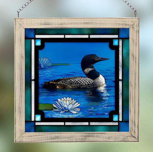 Loon Bird on the Lake Framed Stained Glass Art Look Suncatcher Small Square Hanging Panel