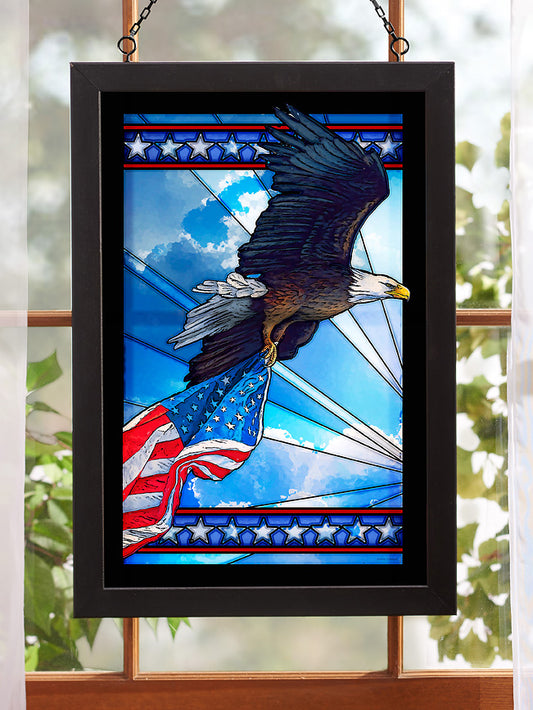 Our Glory Bald Eagle Framed Stained Glass Art Look Suncatcher Large Hanging Panel