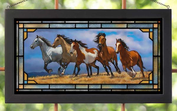 Stampede of Horses Framed Stained Glass Art Look Suncatcher Large Hanging Panel