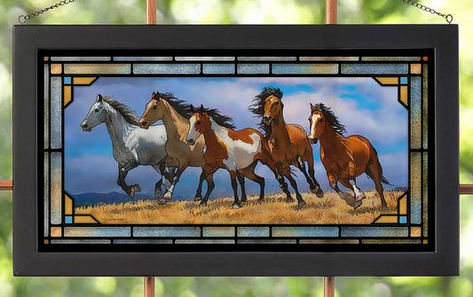 Stampede of Horses Framed Stained Glass Art Look Suncatcher Large Hanging Panel