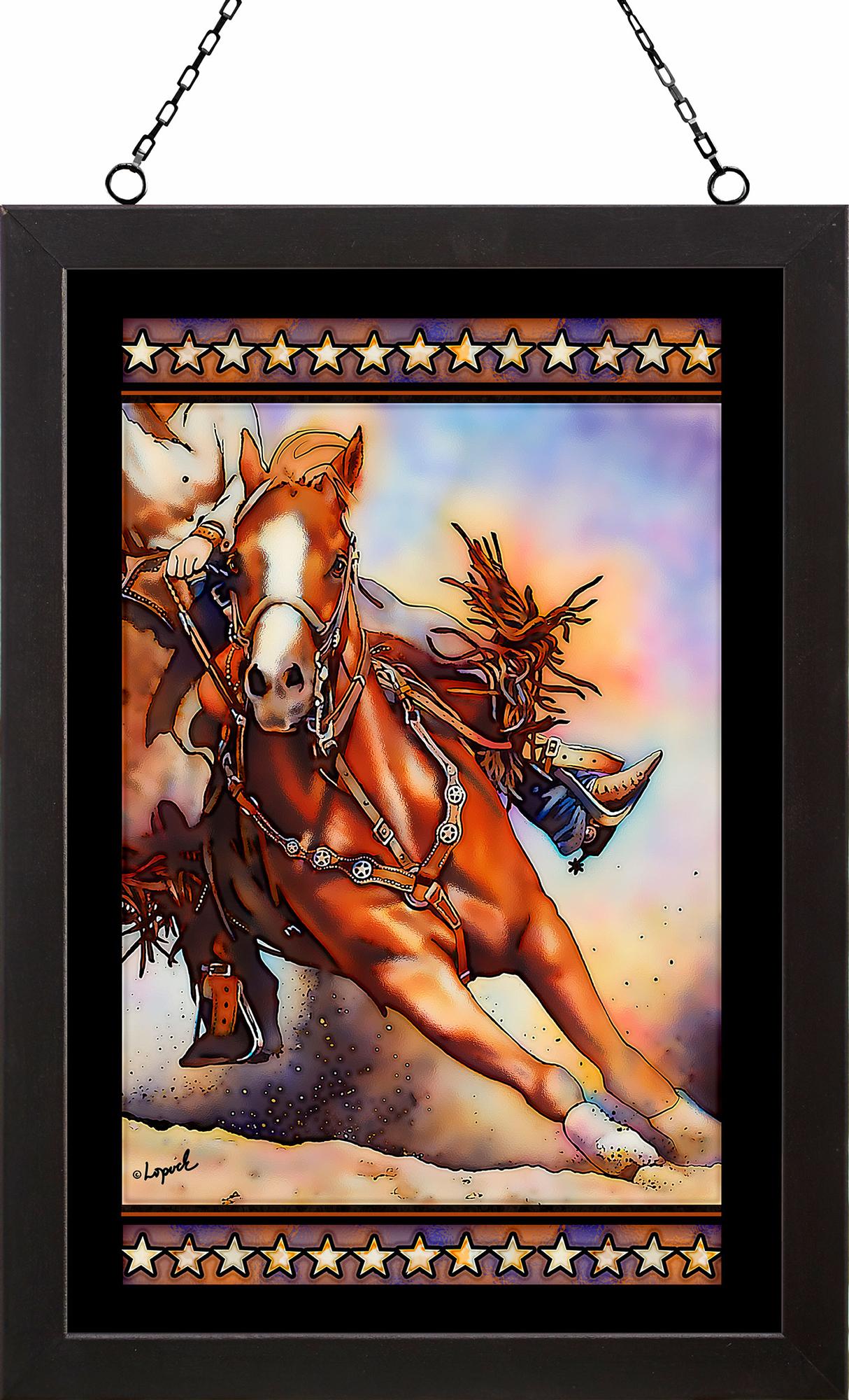 Rodeo Horse Part 1 Framed Stained Glass Art Look Suncatcher Large Hanging Panel