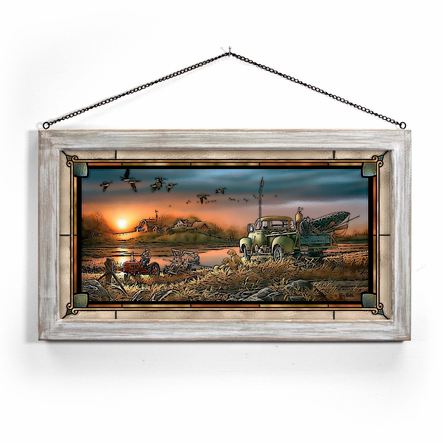 Down on the Farm Framed Stained Glass Art Look Suncatcher Large Hanging Panel